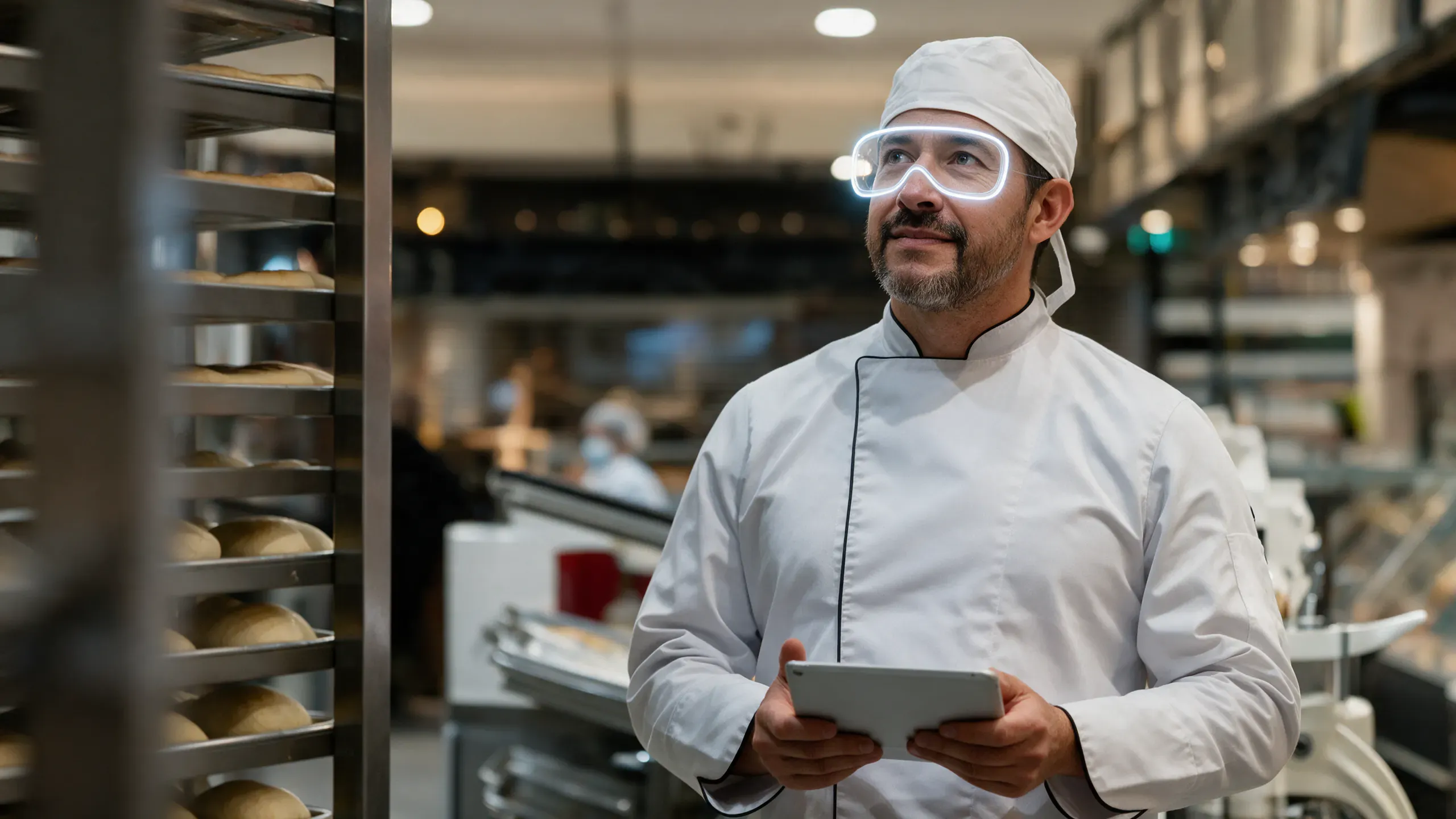 boulanger avec casque vr holographique qui se forme en réalité virtuelle