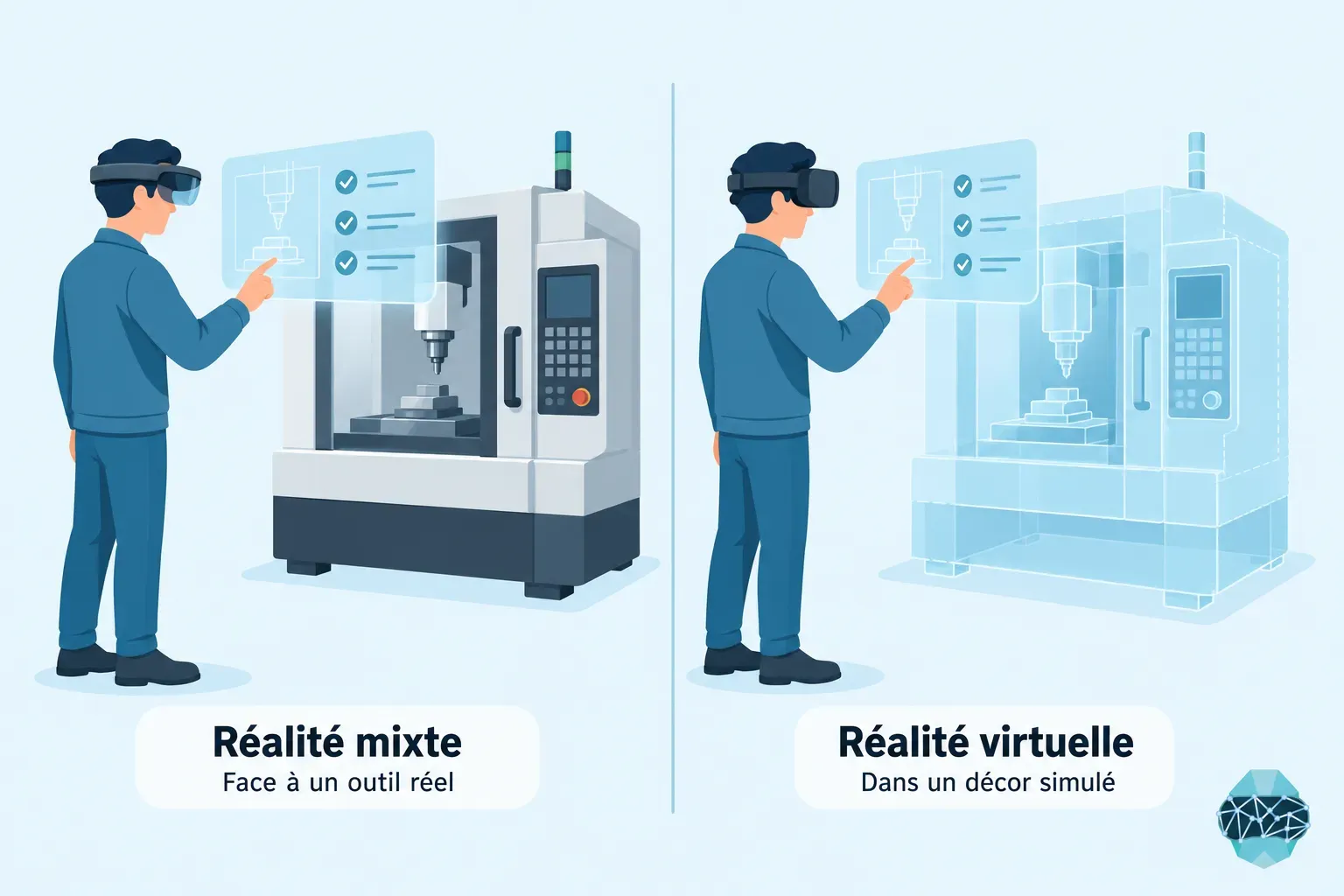 Deux personnes portant des casques de réalité virtuelle interagissent avec des interfaces et des machines, l’une
