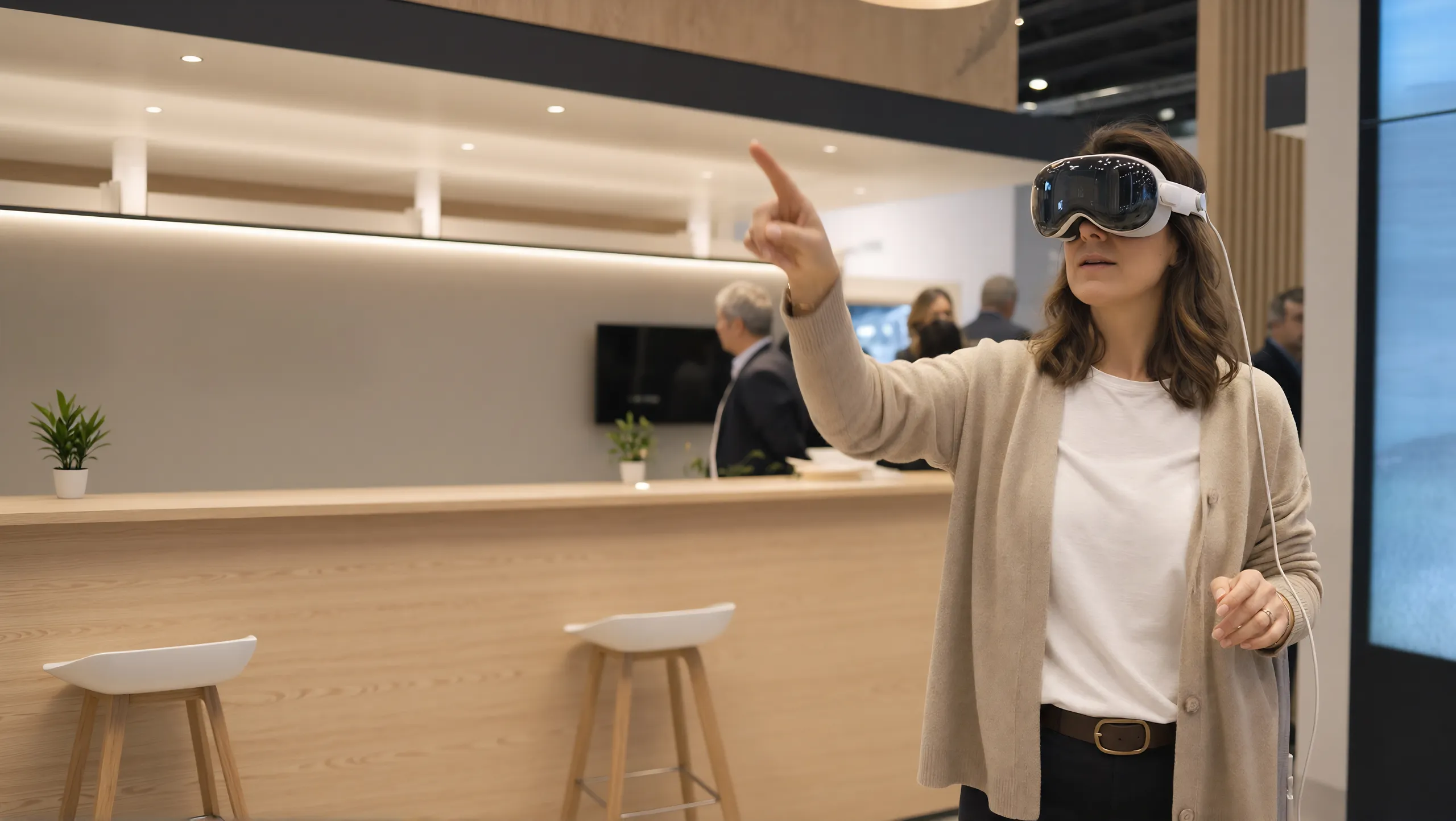 une femme avec un casque vr apple vision pro dans un salon