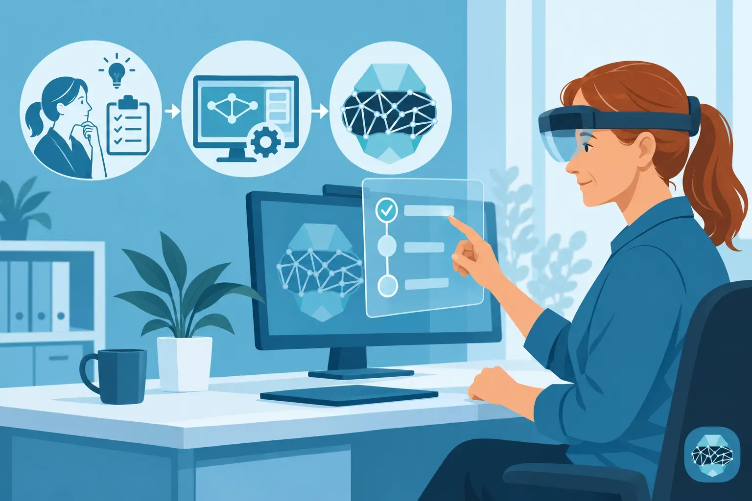 Une femme porte des lunettes de réalité virtuelle et interagit avec un écran affichant des schémas et des éléments de