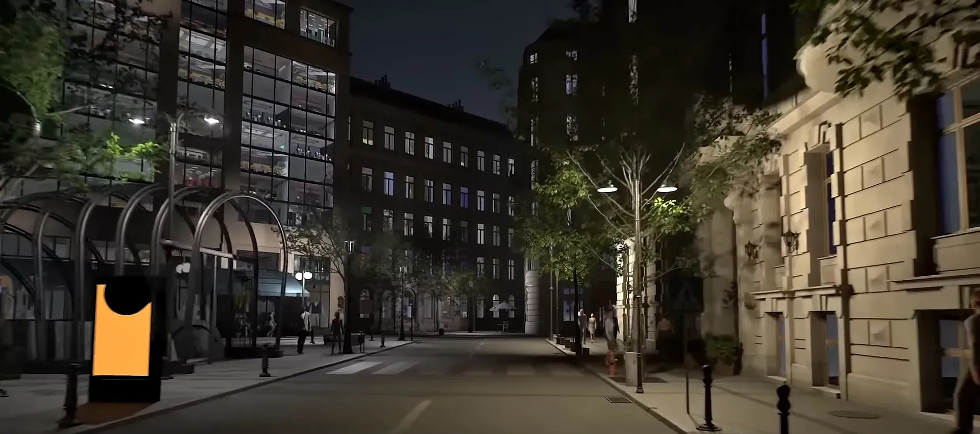 Rue simulée de nuit avec mobilier publicitaire Cityz éclairé, mode jour et nuit de Cityz Tour