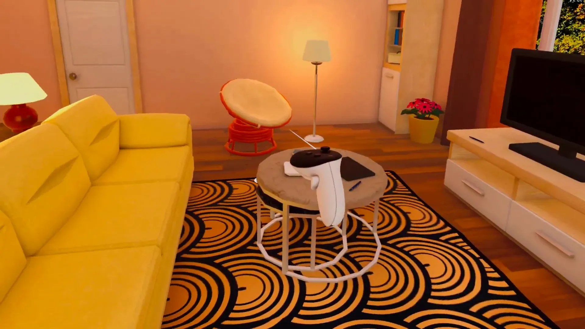 Salon virtuel au canapé jaune et manette du casque, application VR « Cet épi m’épate »