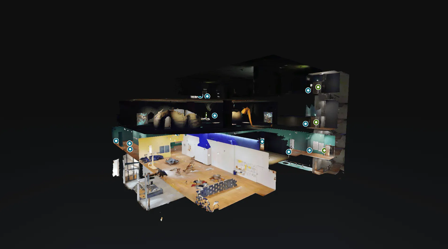 Maquette 3D du musée d’Art contemporain de Lyon en visite virtuelle, vue en coupe avec ses points d’intérêt.