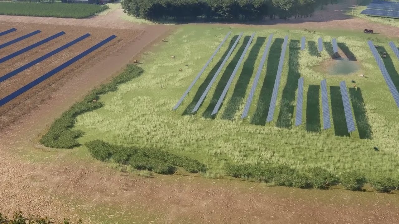 Film 3D Veles Énergies : vue aérienne des champs et des rangées de panneaux solaires
