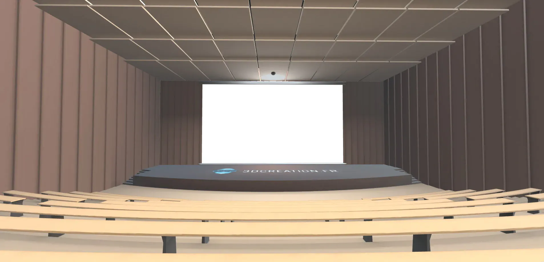 Amphithéâtre virtuel en 3D : scène et écran vus depuis les gradins