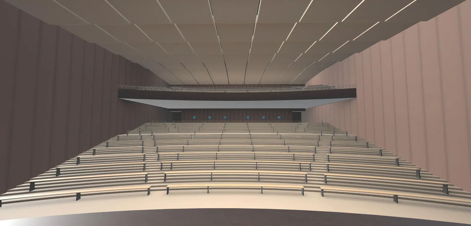Amphithéâtre virtuel en 3D : gradins vus depuis la scène