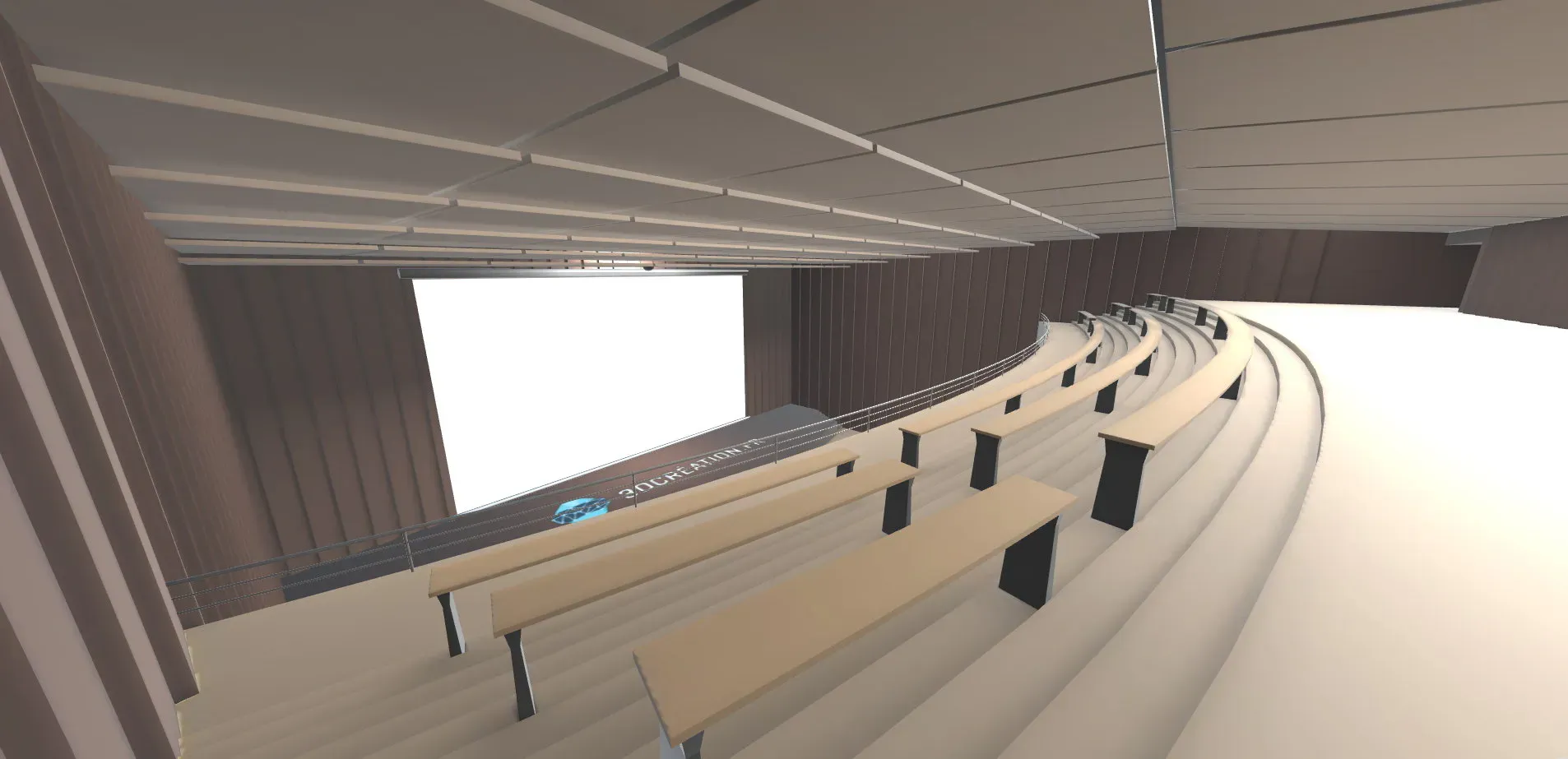 Amphithéâtre virtuel en 3D : gradins et écran vus de côté