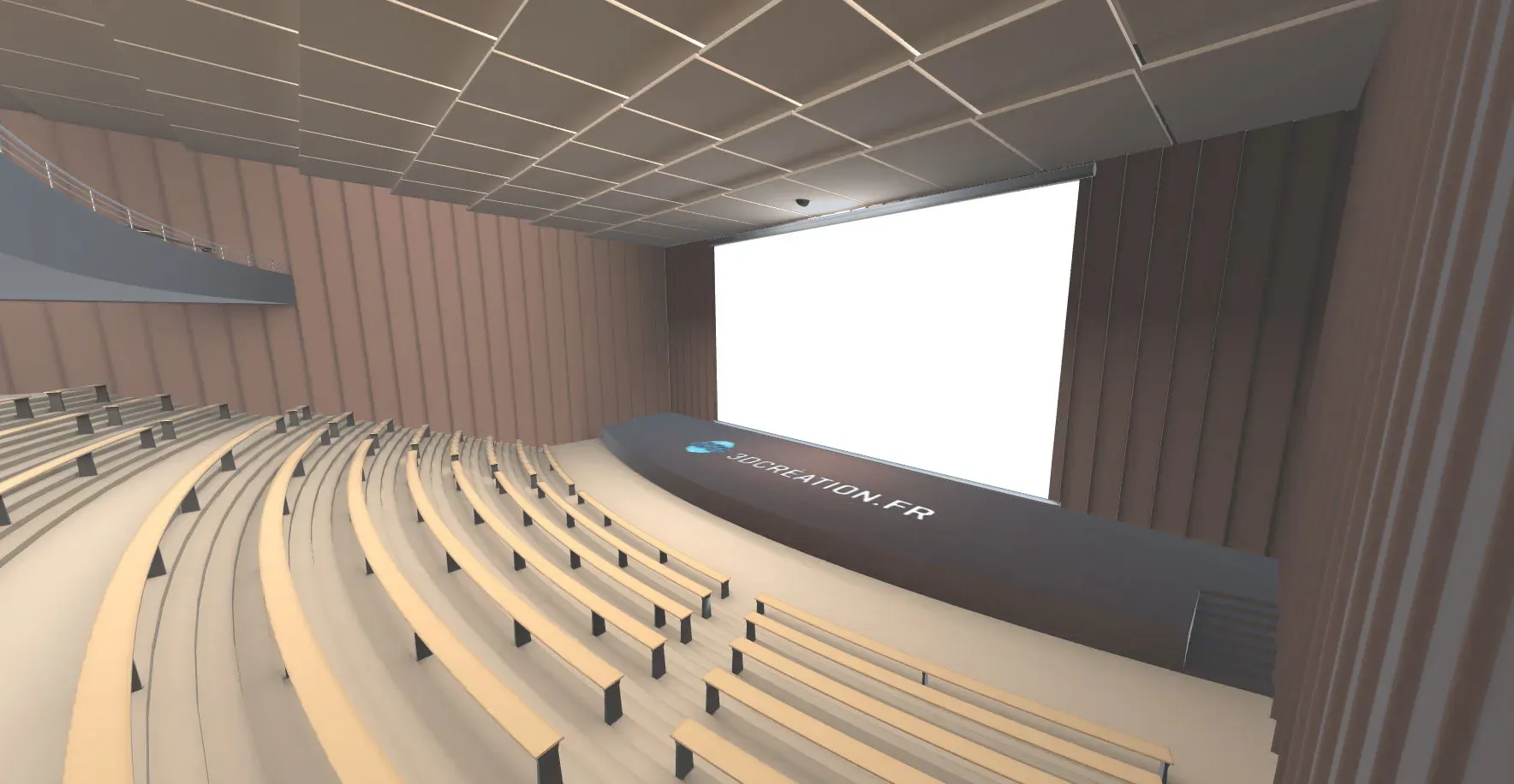 Amphithéâtre virtuel en 3D : gradins face à l’écran de projection