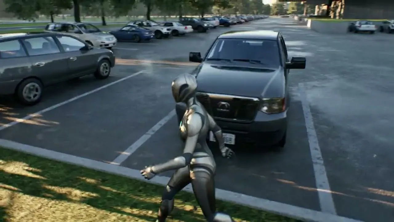 Simulation Unreal Engine 5 : personnage près d’un parking