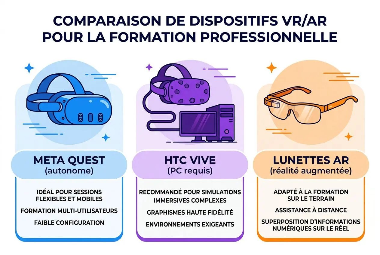 Casque VR et apprentissage pratique immersif : comparaison des dispositifs VR/AR pour une formation professionnelle avec Meta Quest, HTC Vive et lunettes AR.