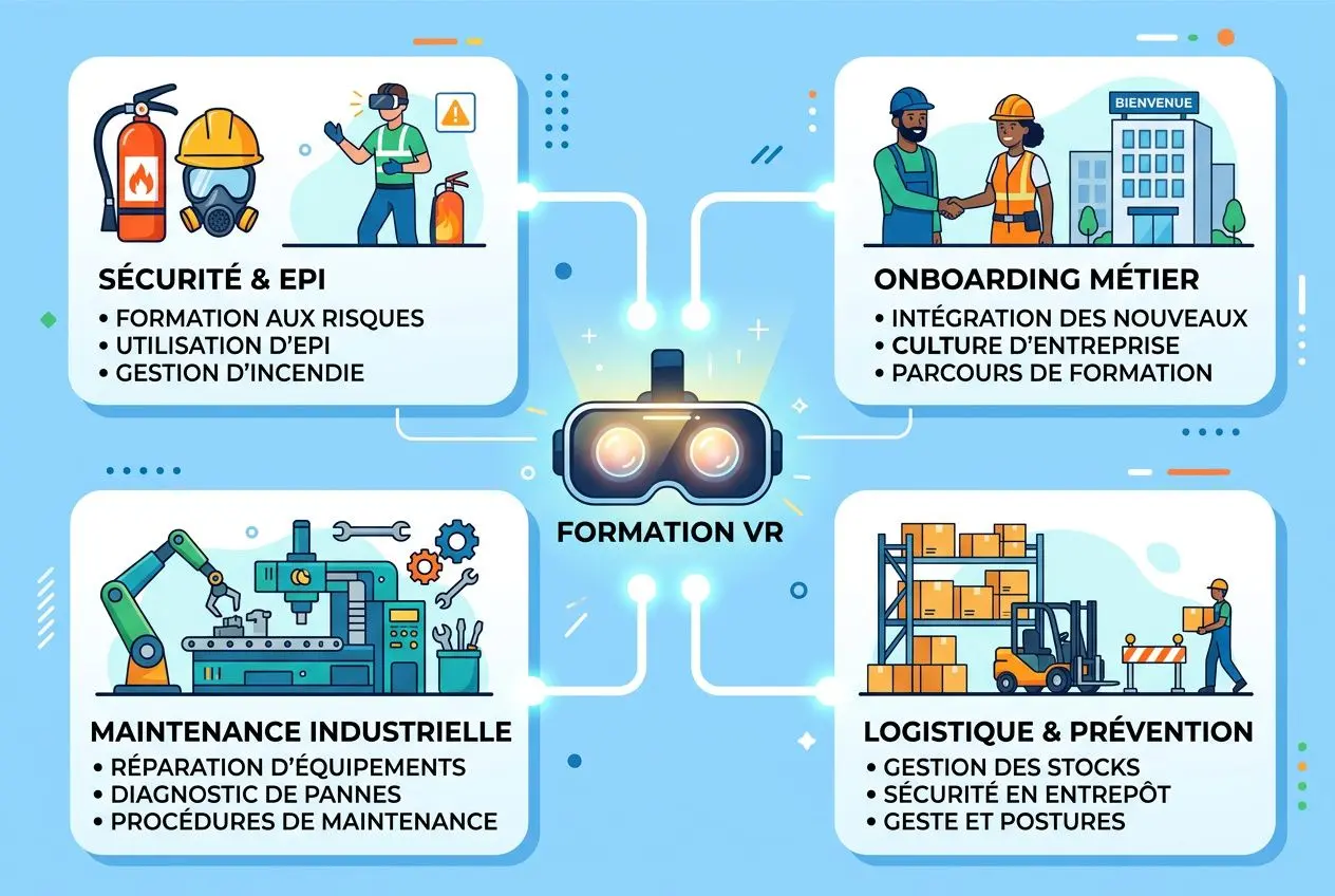 Formation VR: illustration centrale avec casques et modules, entourant sécurité & EPI, onboarding métier, maintenance industrielle et logistique & prévention, logo Formation VR.