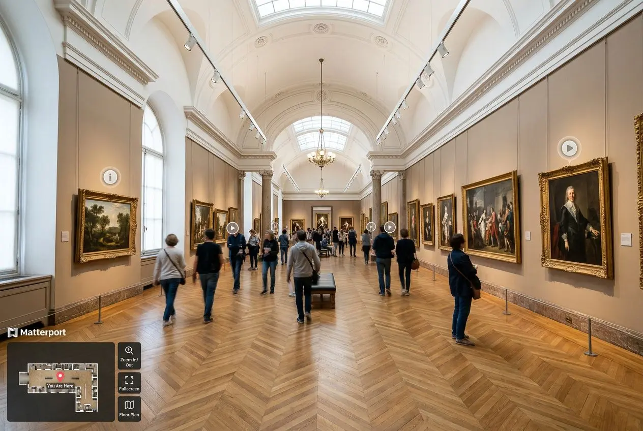 Hall d’un musée avec visiteurs observant des peintures, visioguide 360 intégré par une agence visite virtuelle france.