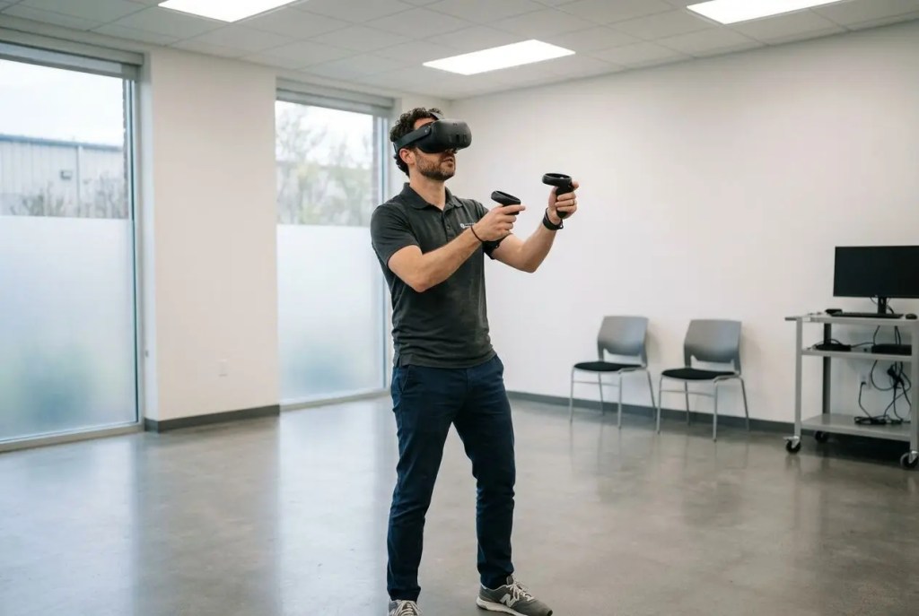 Homme portant casque VR et contrôleurs dans une salle de formation, exploration immersive avec casque VR et apprentissage pratique immersif.