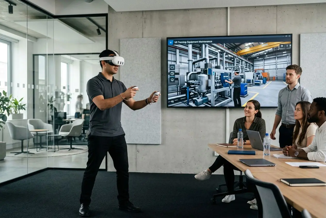 un salarié en casque de réalité virtuelle présente une démonstration à un groupe réuni autour d'une table, écran montrant une simulation industrielle dans un espace de formation. agence réalité virtuelle formation
