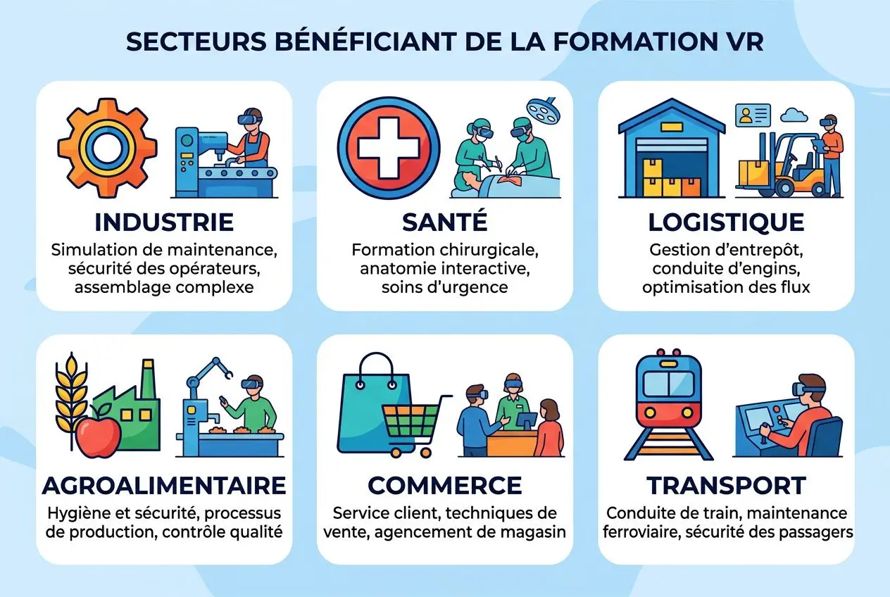Secteurs bénéficiaires de la formation VR: industrie, santé, logistique, agroalimentaire, commerce et transport, illustrant l’agence réalité virtuelle formation.