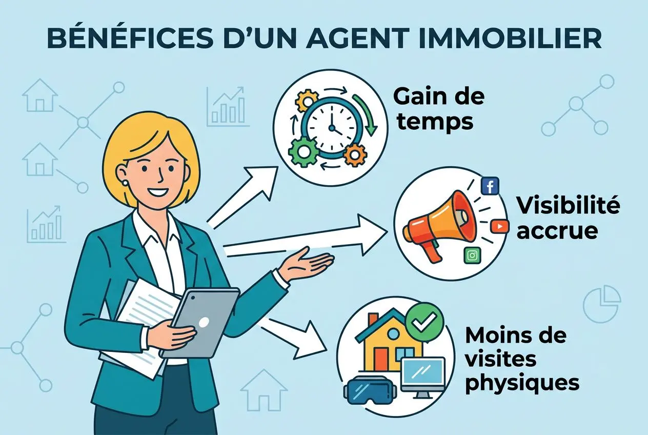 Bénéfices d'un agent immobilier : gains de temps, visibilité accrue et moins de visites physiques grâce à une visite virtuelle.