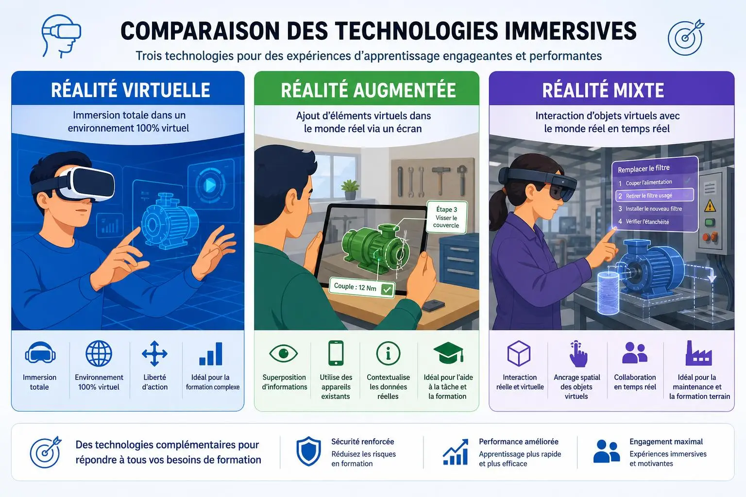 Comparaison des technologies immersives : réalité virtuelle, réalité augmentée et réalité mixte illustrant l’immersion totale et les environnements simulés. Qu'est-ce qu'une formation immersive.