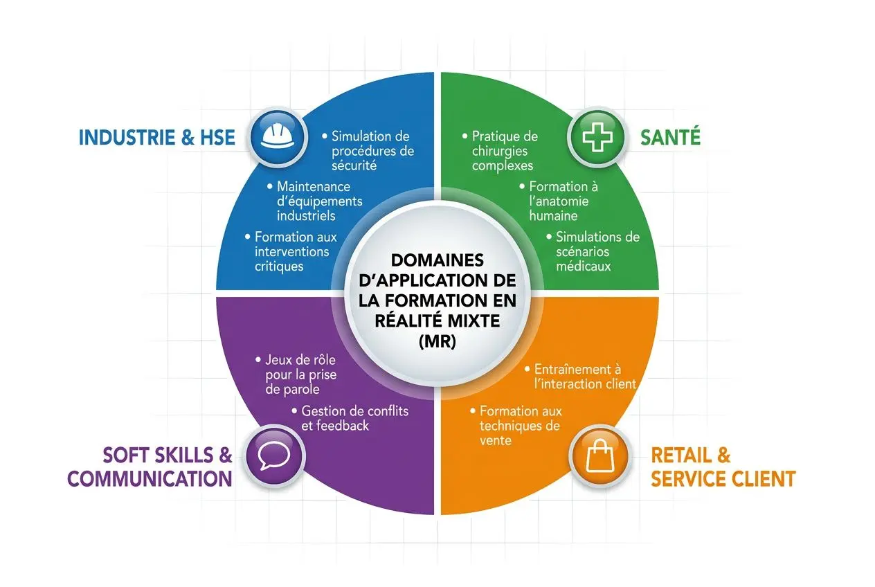 Diagramme circulaire illustrant les domaines d’application de la formation en réalité mixte (MR) par secteurs: Industrie & HSE, Santé, Retail & Service Client, Soft Skills & Communication, avec des verbatim sur simulations, pratiques et formations immersives. Apprentissage en réalité mixte intégré.