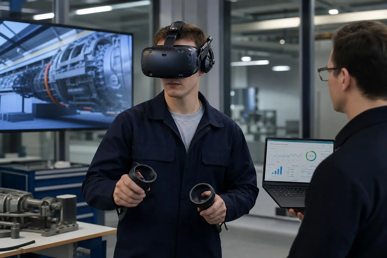 Étudiant en VR portant un casque de réalité virtuelle et contrôleurs, guidé par un collègue sur ordinateur dans un laboratoire industriel. où apprendre la réalité virtuelle (intégré naturellement)