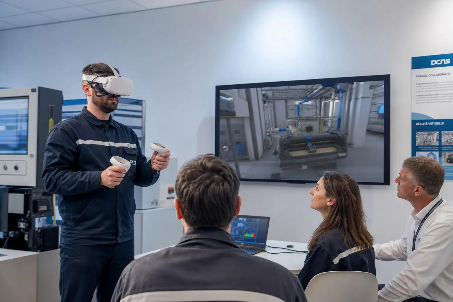 Homme en casque de réalité virtuelle tenant des contrôleurs, formation réalité virtuelle et augmentée en cours devant un écran montrant une usine, avec trois personnes observant.