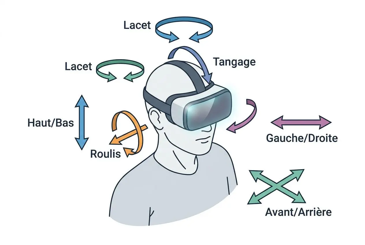 Image montrant un casque de réalité virtuelle entouré de flèches et étiquettes: mouvements de tête et de corps, inclinaisons et directions pour la navigation. les 3 piliers de la réalité virtuelle sont présentés.