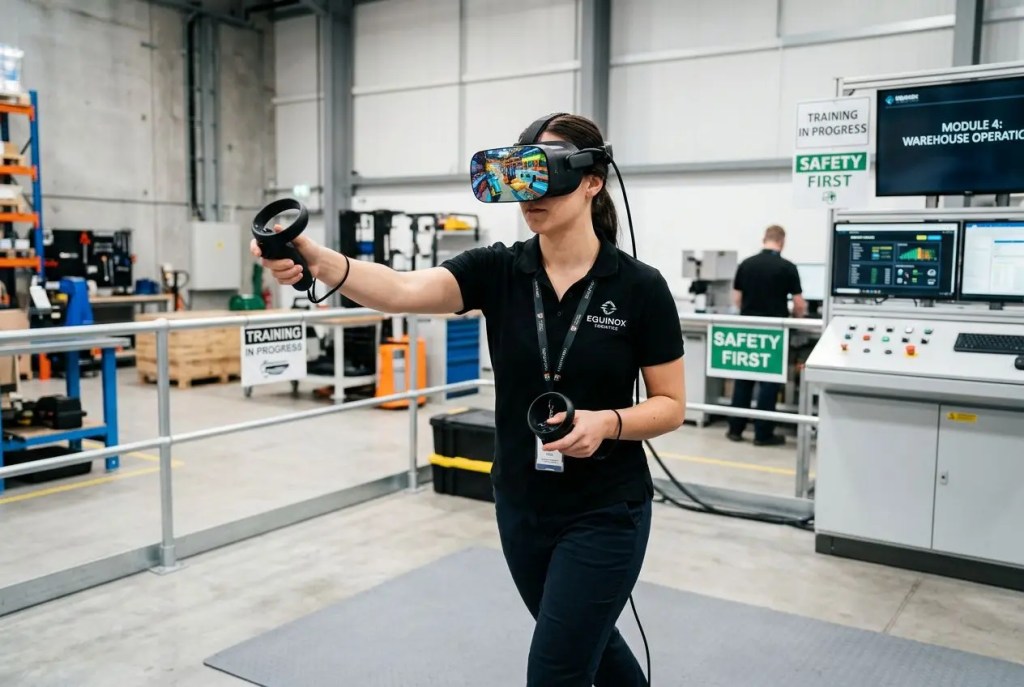 Personne portant un casque de réalité virtuelle et contrôleurs dans un espace industriel, expérimentation immersive en formation. les 3 piliers de la réalité virtuelle s’expriment par immersion et interaction.