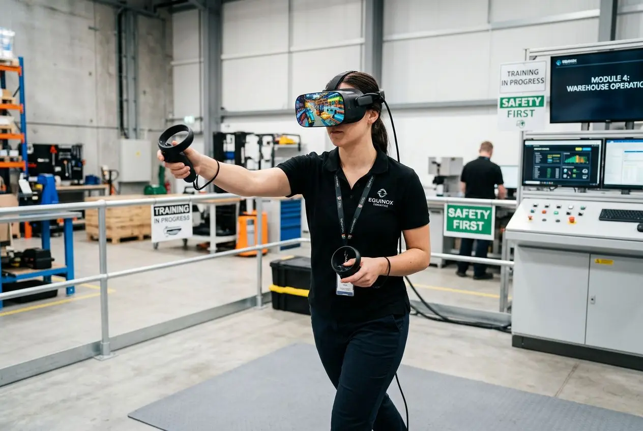 Personne portant un casque de réalité virtuelle et contrôleurs dans un espace industriel, expérimentation immersive en formation. les 3 piliers de la réalité virtuelle s’expriment par immersion et interaction.