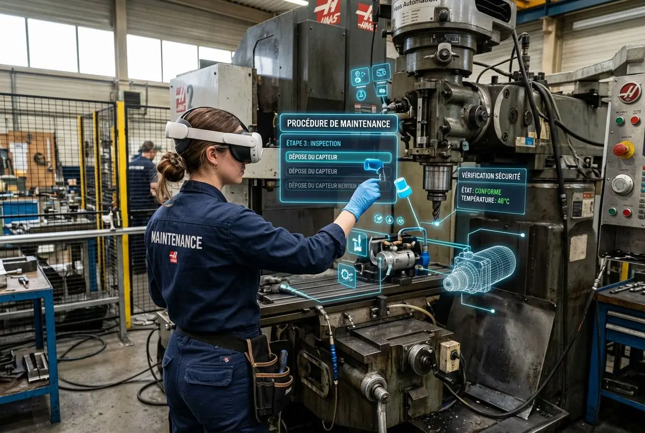 Personne en uniforme “Maintenance” porte un casque et lunettes de réalité virtuelle, opérant une machine-outil avec des visualisations holographiques d’assistants et de données de maintenance. apprentissage en réalité mixte dans un atelier industriel.