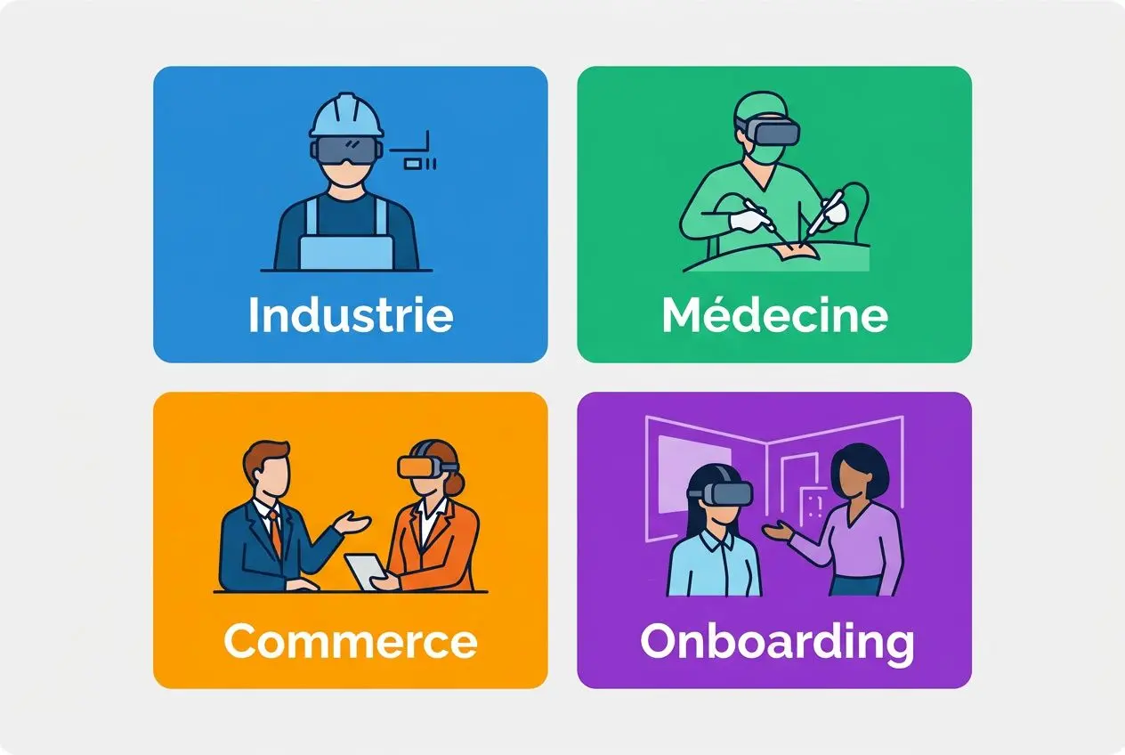 Quatre icônes colorées représentant Industrie, Médecine, Commerce et onboarding, chacune avec des personnages en réalité virtuelle. Vecteurs graphiques simples, style plat. intégration du mot-clé: comment se former à la vr dans la description.