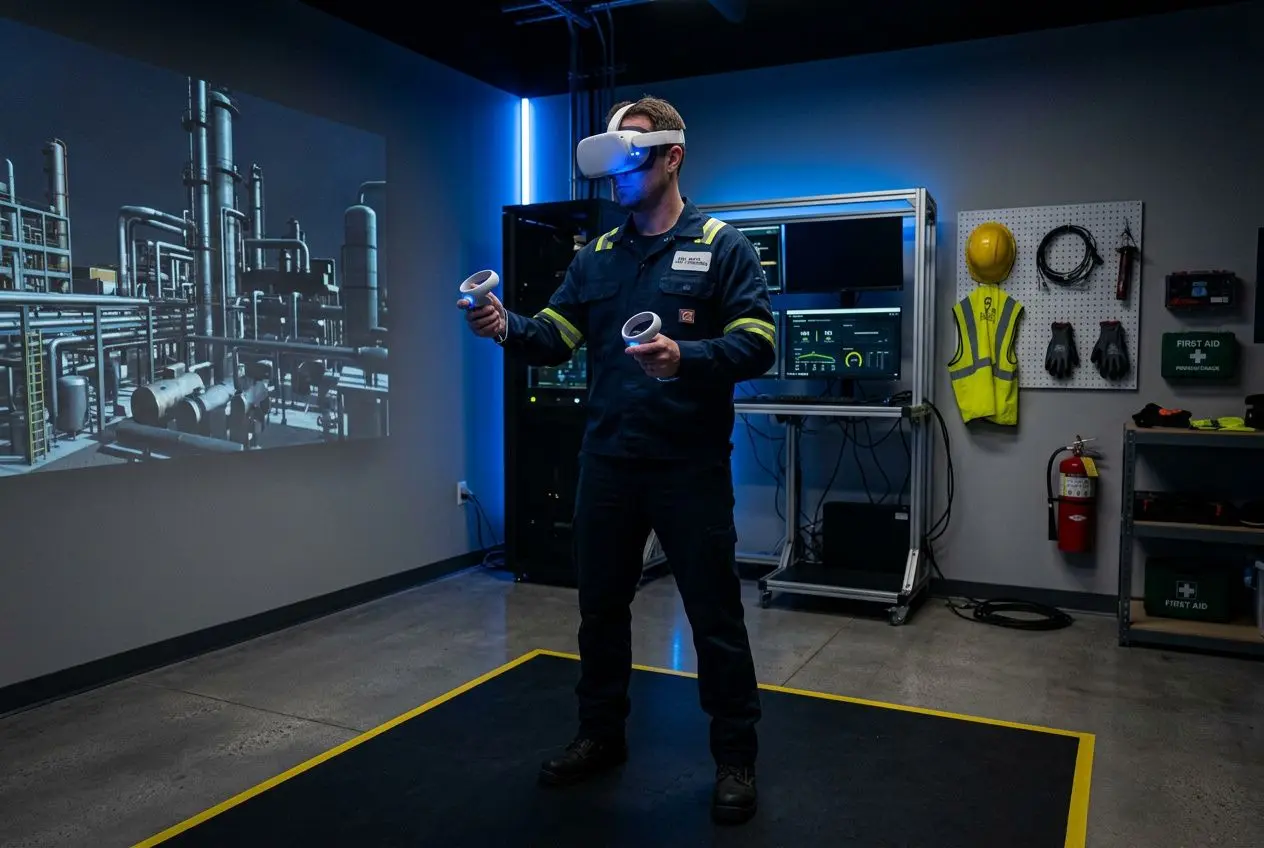 Technicien en réalité virtuelle portant un casque VR et manettes, dans une salle d’entraînement avec projection d’usine en arrière-plan.