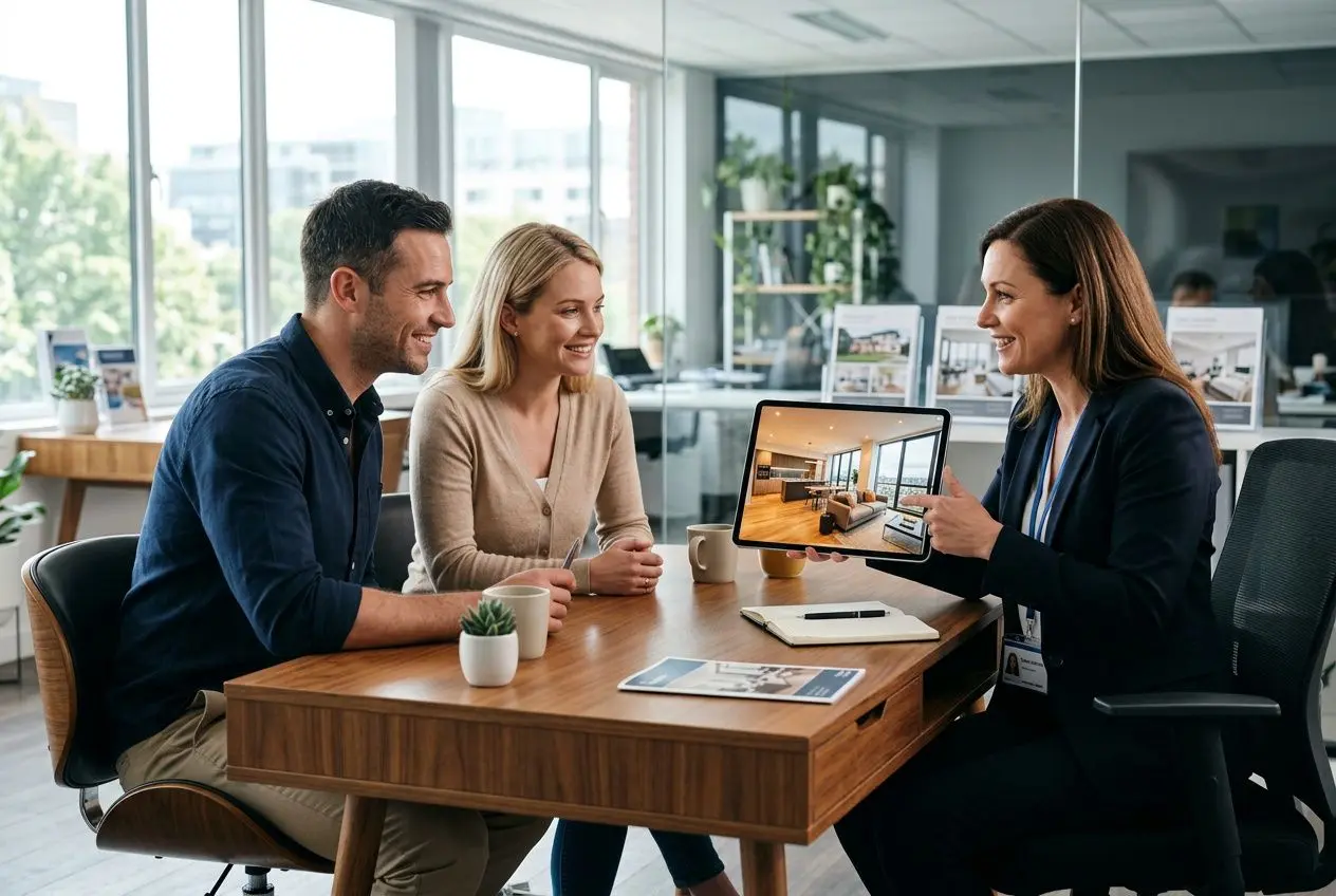 Trois professionnels discutent autour d’une table en montrant une visite virtuelle sur une tablette, dans un bureau lumineux. Avantages d'une visite virtuelle remarqués.