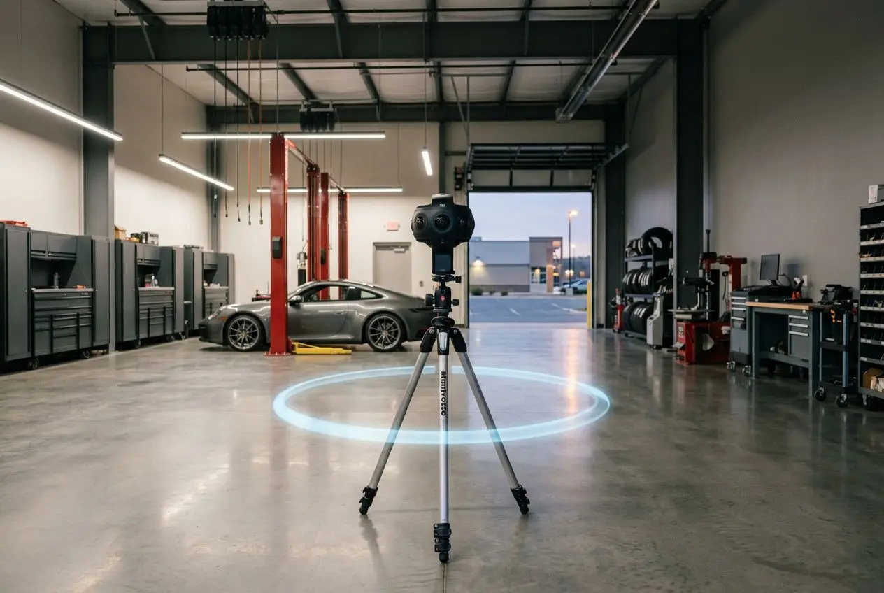 Caméra géolocalisée en intérieur sur trépied, prêt à capturer une visite virtuelle street view garage avec éclairage industriel et voiture en arrière-plan.