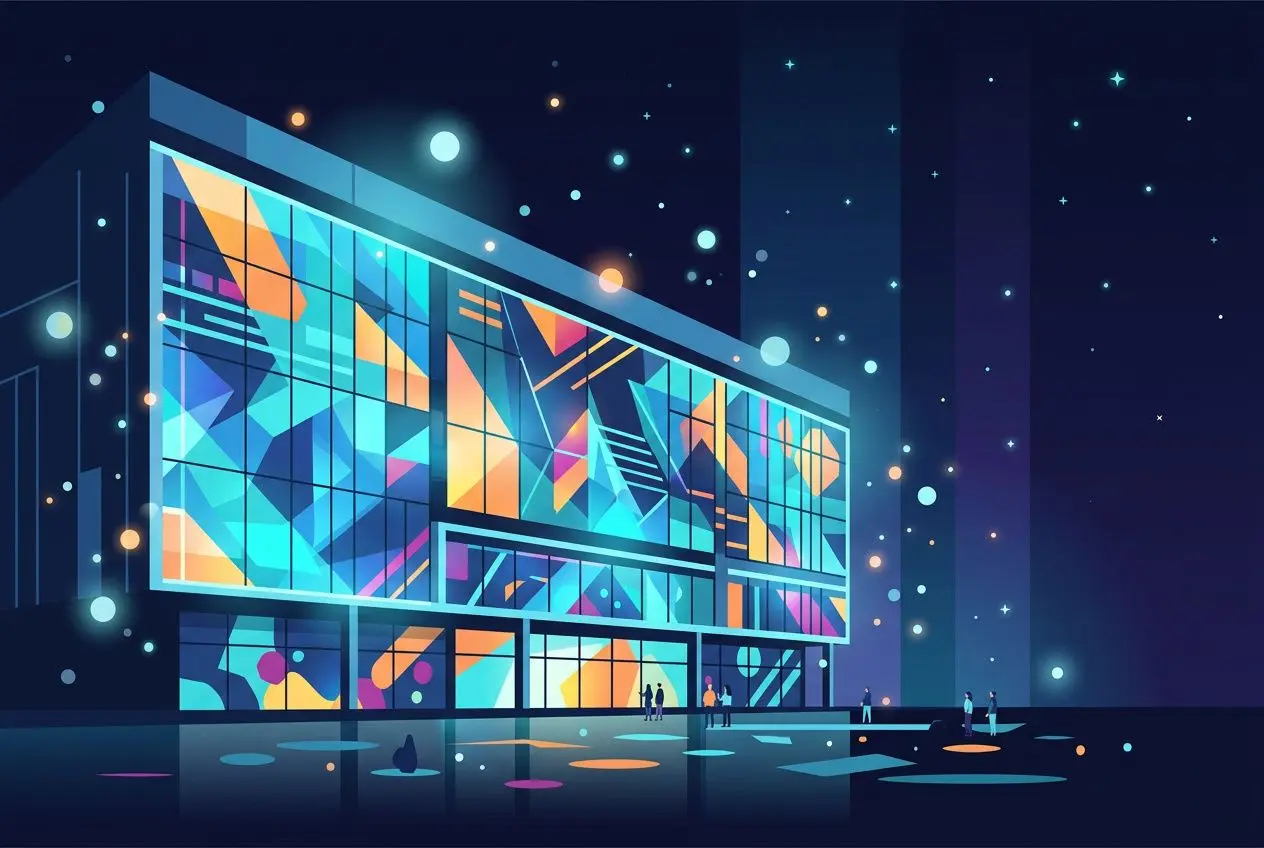 Façade d’un bâtiment moderne avec projections colorées et écrans géants, ambiance nocturne et silhouettes d’utilisateurs. Vidéo immersive événementiel au cœur de l’éclairage et de la mapping.