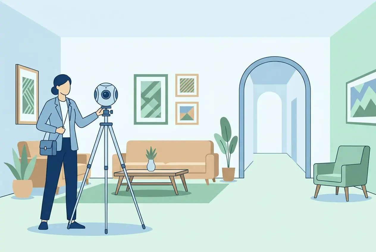 Professionnel réalisant une visite virtuelle immobilière avec appareil photo sur trépied dans un salon moderne. service visite virtuelle immobilier