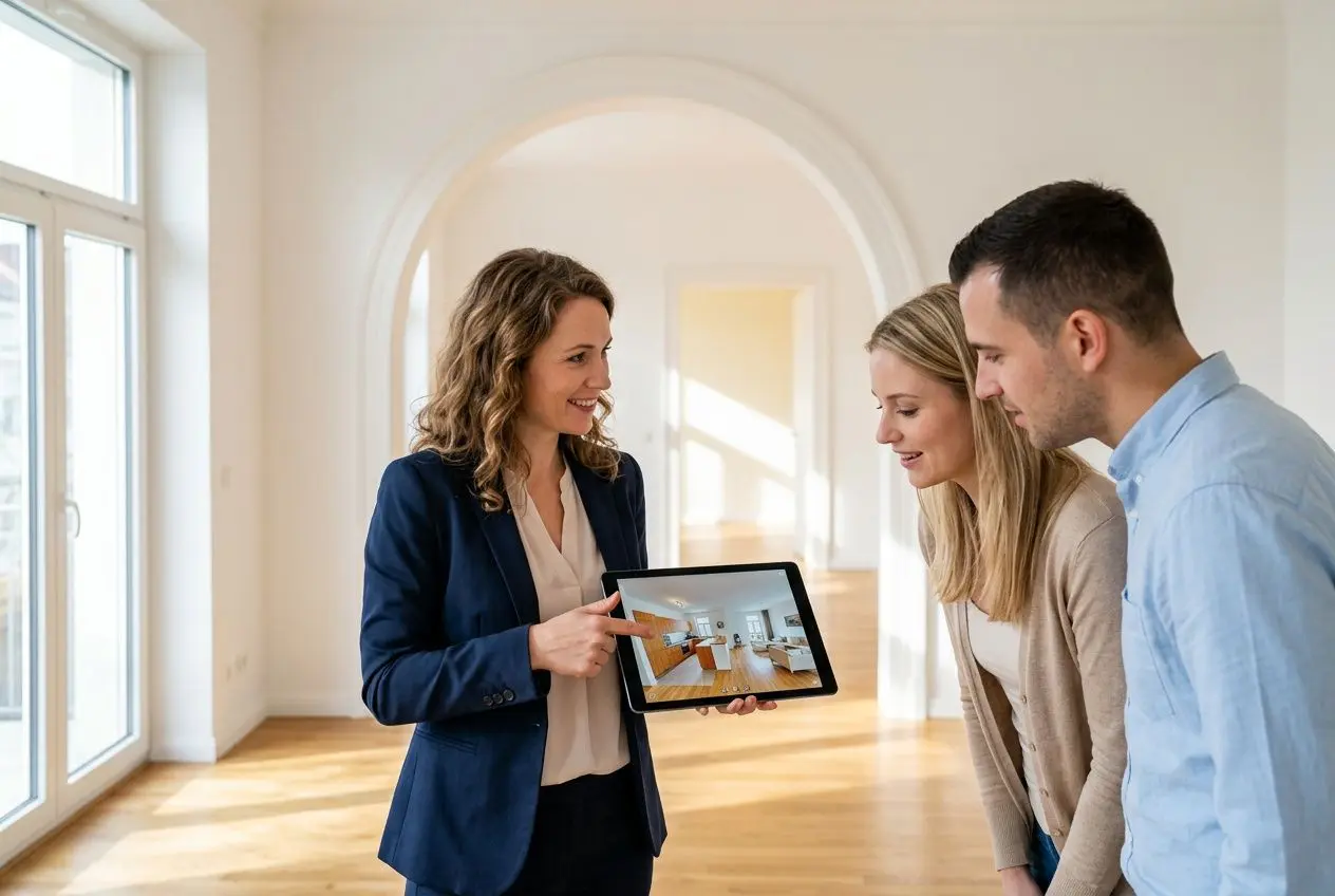 Trois professionnels examinant une tablette montrant une visite virtuelle immobilière dans un espace lumineux. service visite virtuelle immobilier intégré.