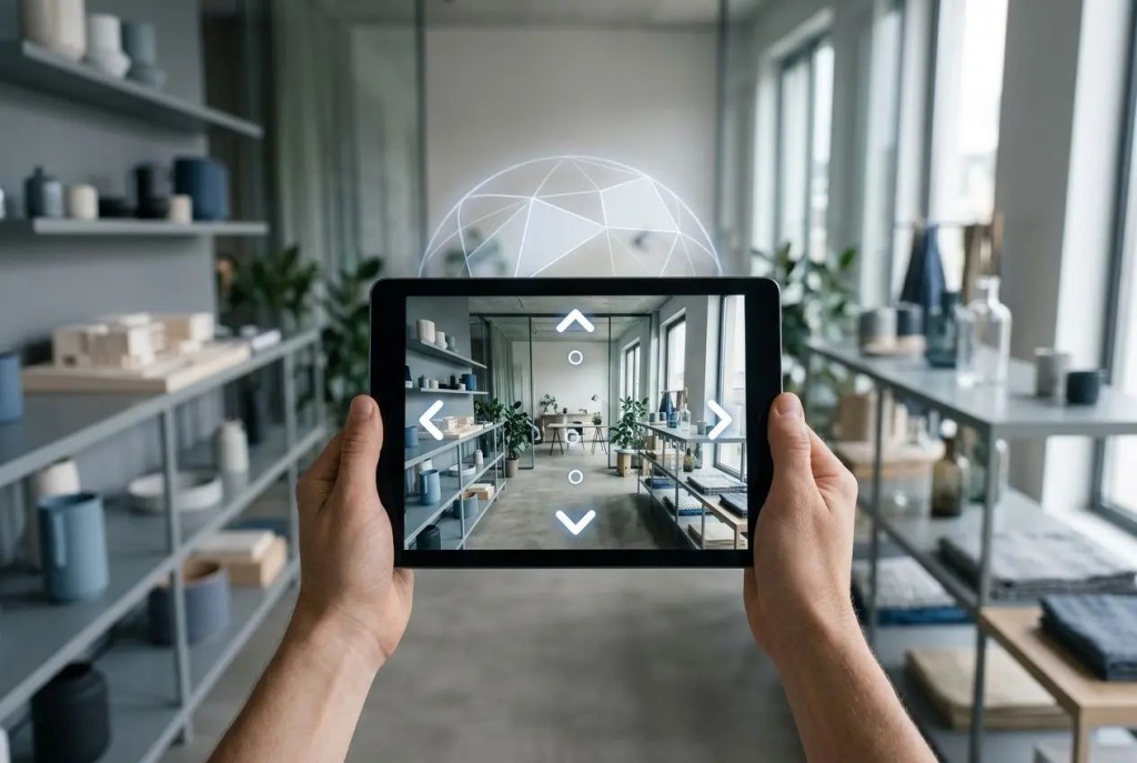 Visite virtuelle d’entreprise en cours: personne tenant une tablette affichant une vue 360° d’un showroom intérieur, avec icônes de navigation. Prestataire visite virtuelle entreprise.