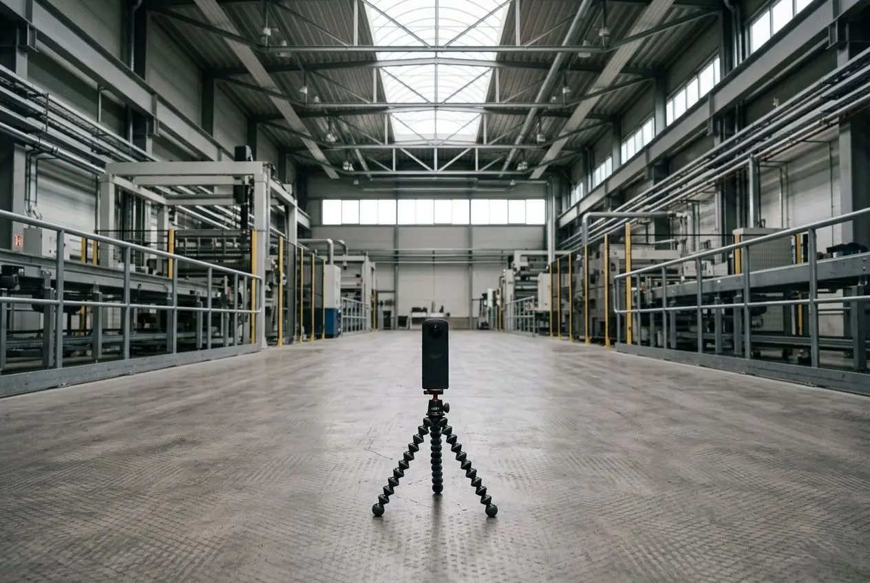 Caméra et trépied flexibles dans un vaste atelier industriel, prêt à tourner une vidéo 360 d entreprise dans un espace rectiligne et lumineux.