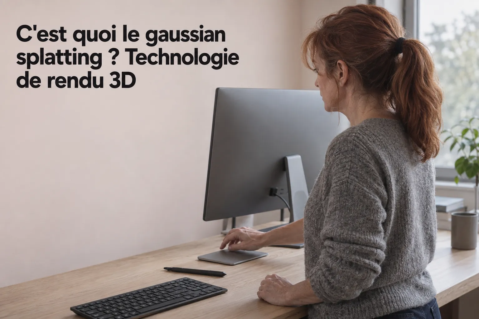 C’est quoi le gaussian splatting ? Technologie de rendu 3D, une personne assise devant un écran d’ordinateur.