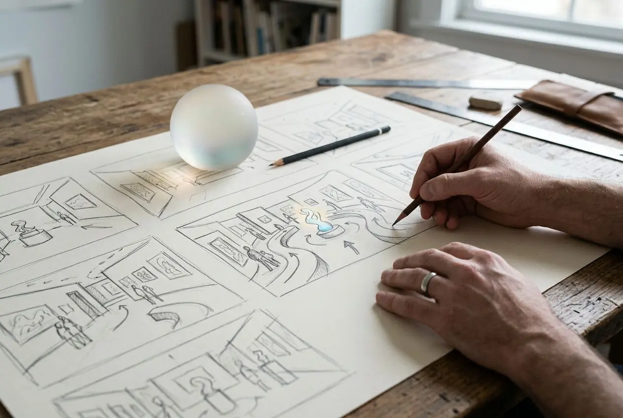 Dessinateur esquissant une maquette d’exposition immersive sur une grande feuille, à côté d’un globe et d’outils sur un établi. intégration: comment faire une exposition immersive
