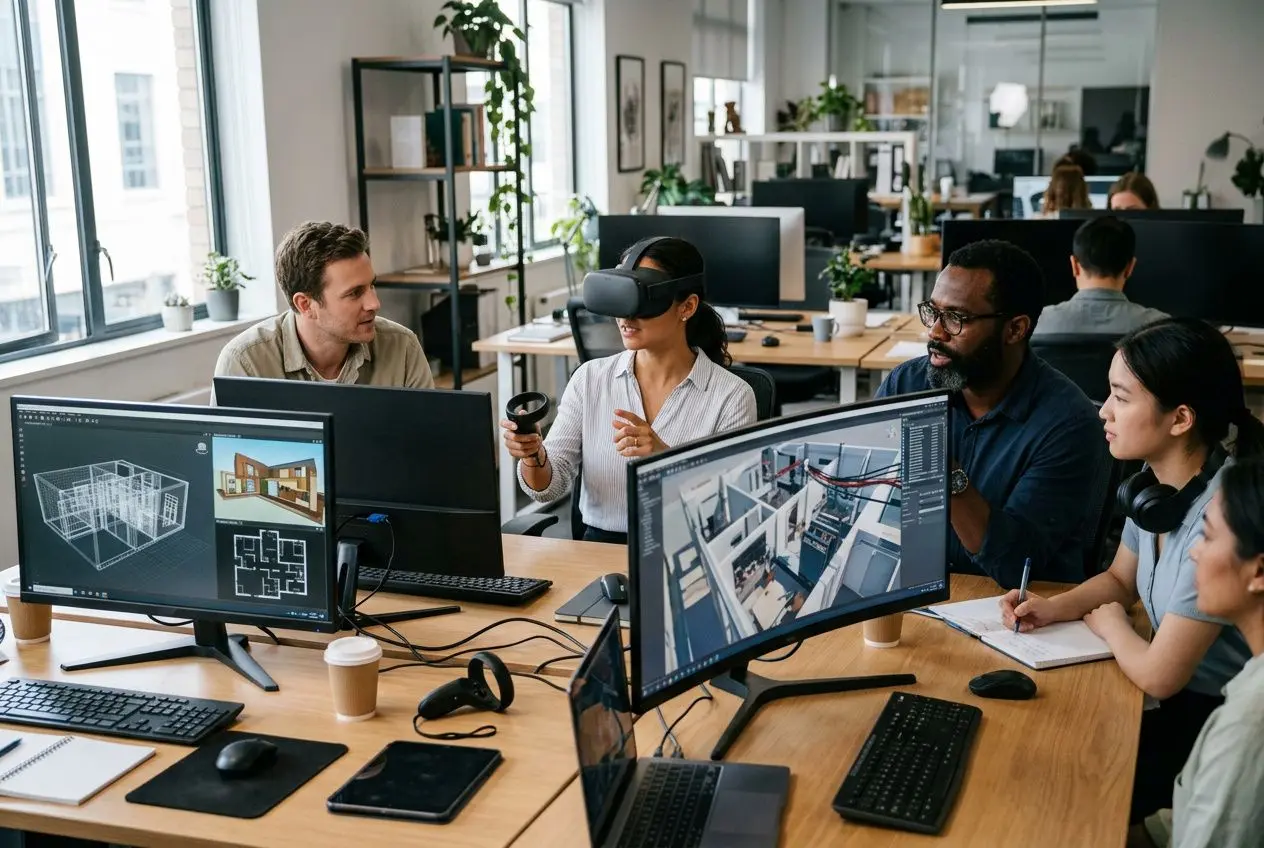 Groupe de professionnels autour d’ordinateurs, casque VR et maquettes 3D dans un bureau moderne, séance de travail collaborative pour création contenu immersif agence.