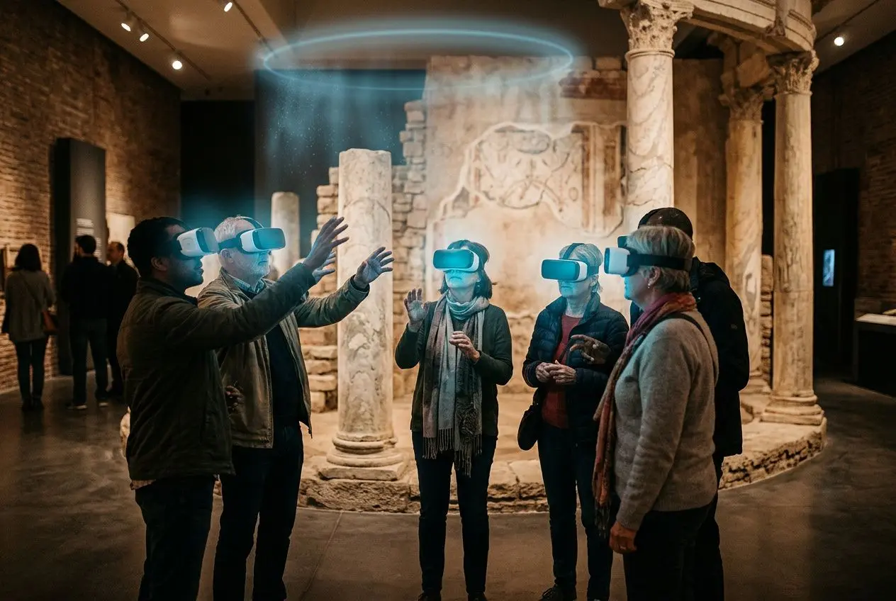 Groupe de visiteurs avec lunettes de réalité virtuelle dans un musée, interagissant autour d’un élément antique illuminé par une projection immersive. pourquoi vidéo immersive musée