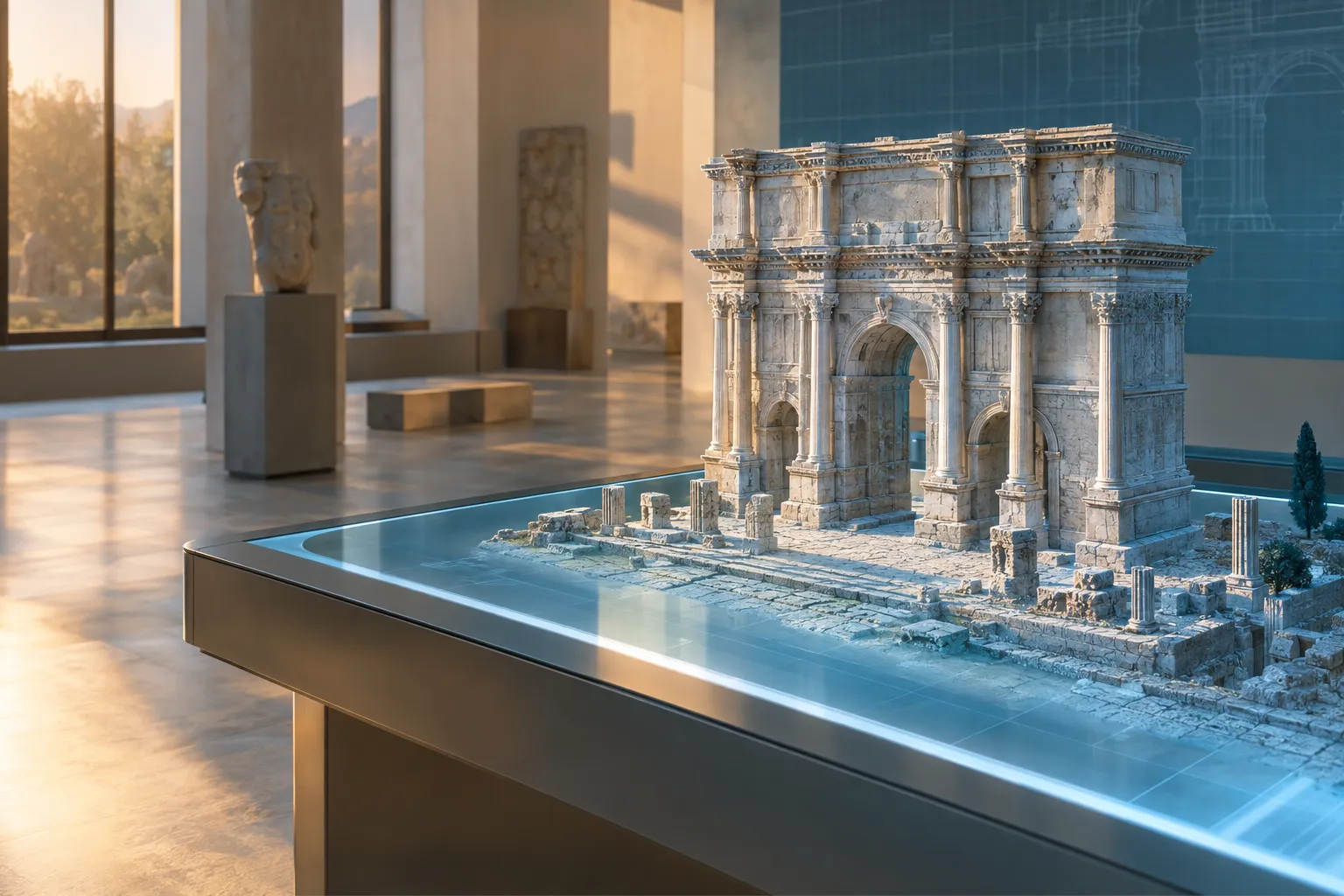 Modèle réduit en diorama d’un ancien monument archéologique exposé sur une table lumineuse dans une salle musée.