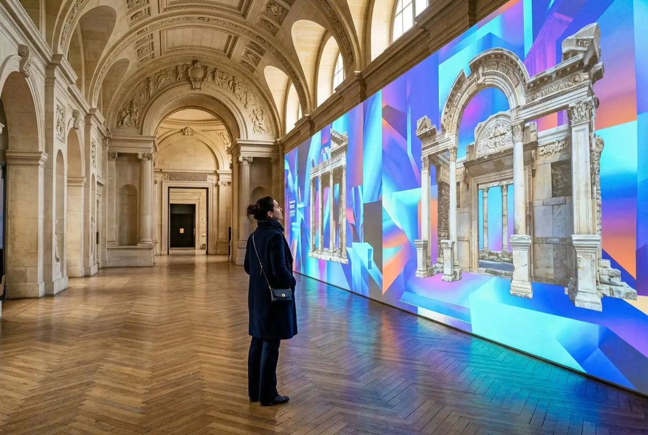 Personne observant une exposition immersive dans un musée : murs latéraux colorés avec des arches monumentales et des gravures projetées. musées monuments expérience immersive intégré.