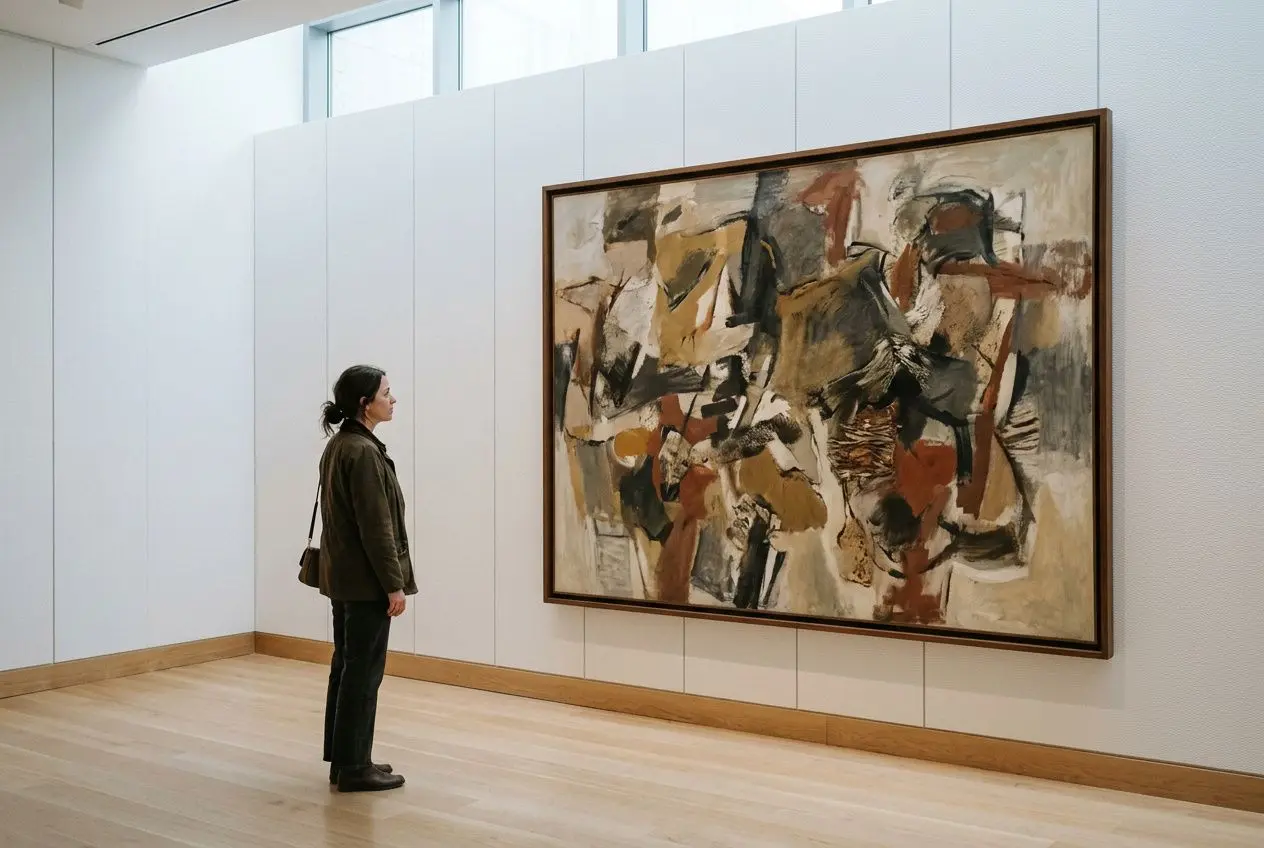 Une personne observe une grande peinture abstraite dans un musée, cadre épuré et murs clairs. Avantages de visiter un musée.
