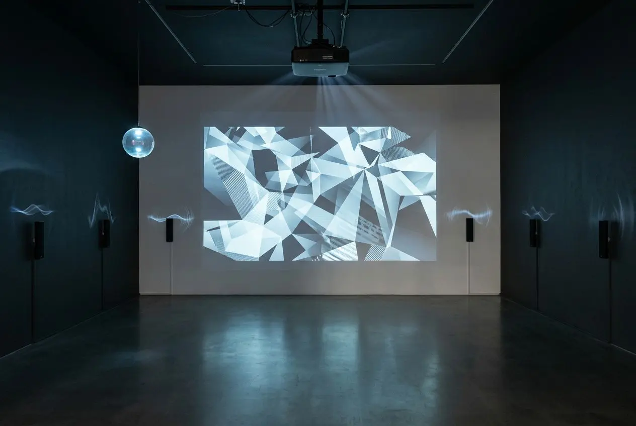 Salle sombre avec projection géométrique sur le mur, écran blanc au centre et sphères lumineuses suspendues, ambiance immersive. Comment faire une exposition immersive est implicitement lié.