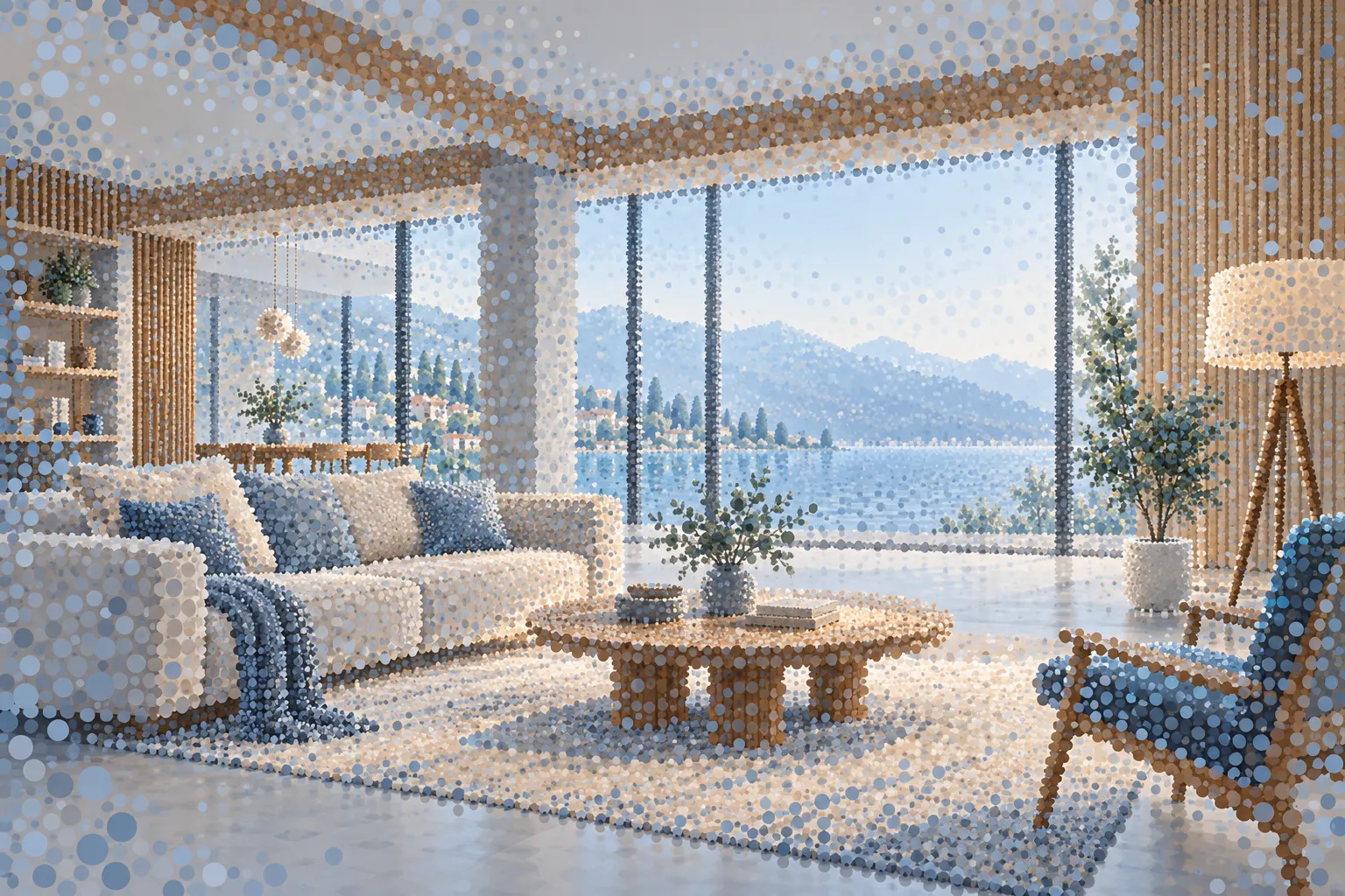 Salon moderne lumineux avec vue sur montagnes et lac, décor chaleureux et points colorés qui donnent un effet d’optique. c'est quoi le gaussian splatting, intégré naturellement.