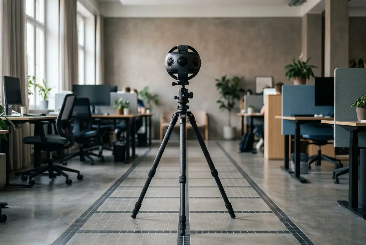 Trépied avec caméra 360 degrés dans un open space bureautique, 光 lumière naturelle et rangées de postes de travail. Vidéo 360 d entreprise.