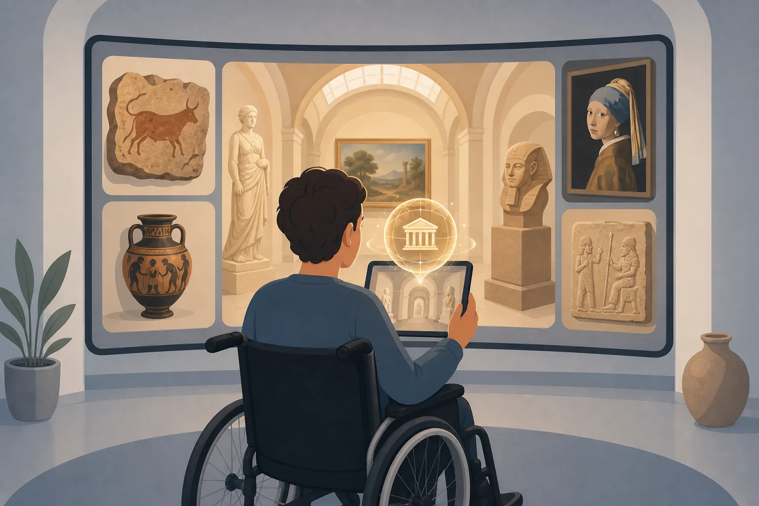 Utilisateur en fauteuil roulant explorant un musée via une tablette en réalité virtuelle, affichage interactif sur écran montrant des œuvres et une icône de musée, ambiance moderne et accessible. réalité virtuelle musée avantages