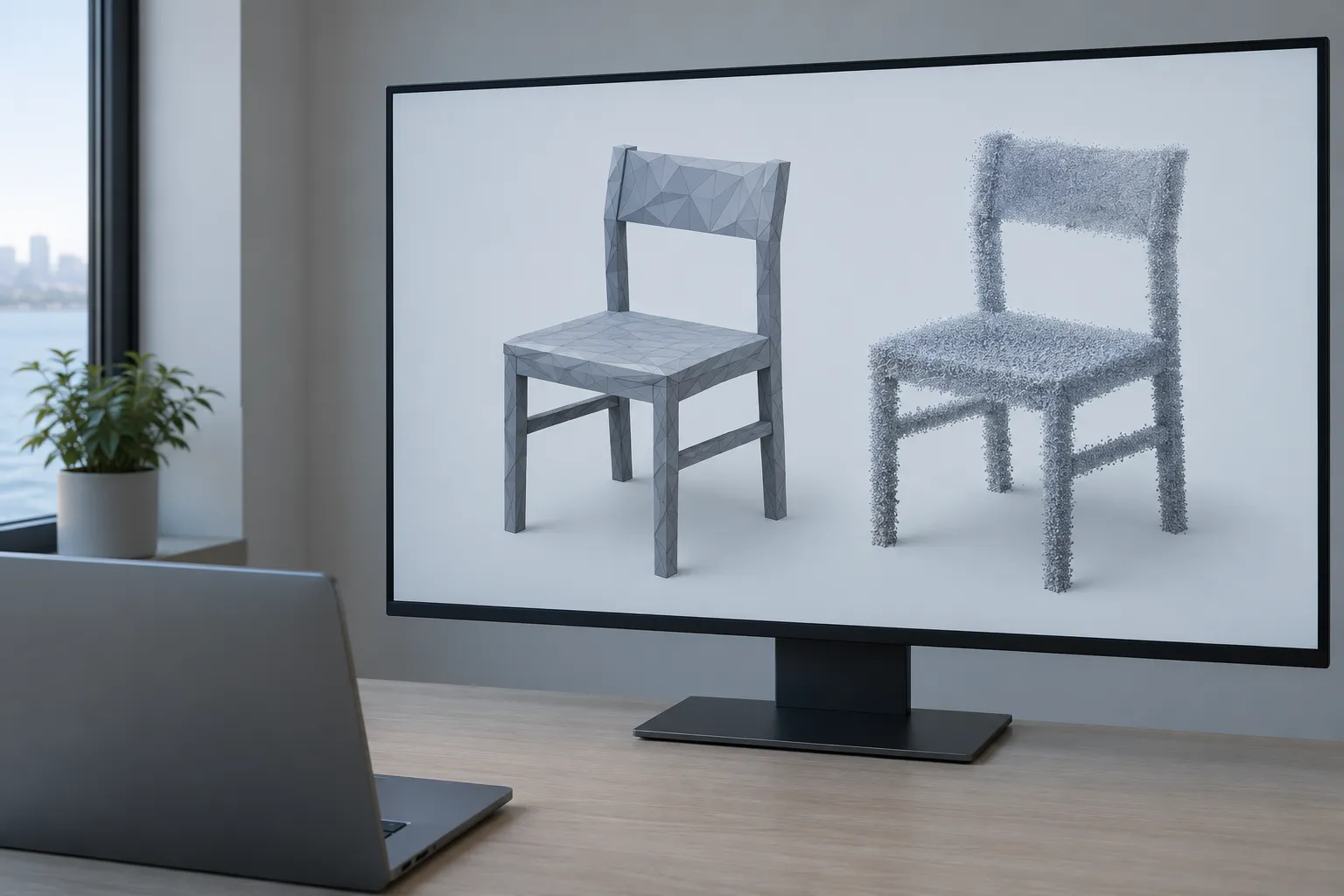 Deux chaises 3D affichées sur un écran d’ordinateur posé sur un bureau, avec une plante en arrière-plan.