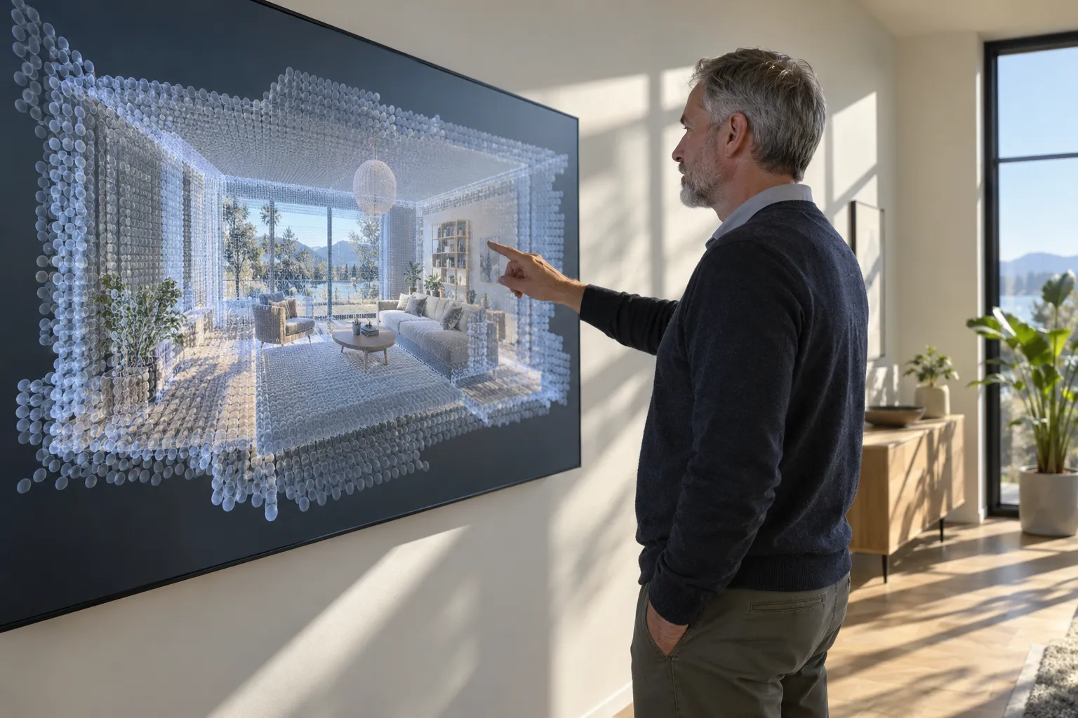 Un homme pointe du doigt un grand écran montrant une scène d’intérieur en 3D avec des milliers de points bleus représentant